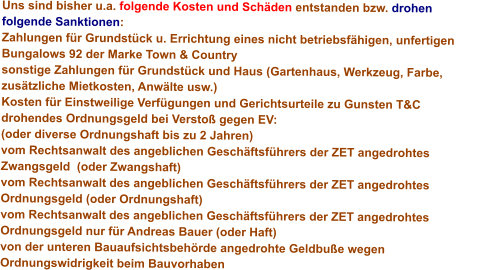 Uns sind bisher u.a. folgende Kosten und Schden entstanden bzw. drohen folgende Sanktionen: Zahlungen fr Grundstck u. Errichtung eines nicht betriebsfhigen, unfertigen Bungalows 92 der Marke Town & Country  sonstige Zahlungen fr Grundstck und Haus (Gartenhaus, Werkzeug, Farbe, zustzliche Mietkosten, Anwlte usw.)             Kosten fr Einstweilige Verfgungen und Gerichtsurteile zu Gunsten T&C                         drohendes Ordnungsgeld bei Versto gegen EV:   (oder diverse Ordnungshaft bis zu 2 Jahren)                             vom Rechtsanwalt des angeblichen Geschftsfhrers der ZET angedrohtes Zwangsgeld  (oder Zwangshaft)       vom Rechtsanwalt des angeblichen Geschftsfhrers der ZET angedrohtes Ordnungsgeld (oder Ordnungshaft)  vom Rechtsanwalt des angeblichen Geschftsfhrers der ZET angedrohtes Ordnungsgeld nur fr Andreas Bauer (oder Haft)  von der unteren Bauaufsichtsbehrde angedrohte Geldbue wegen Ordnungswidrigkeit beim Bauvorhaben